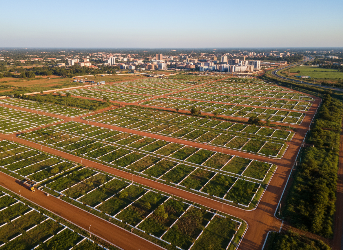 An expansive aerial photographic view of neatly subdivided prime plots of land on the outskirts of a modern Kenyan town, each parcel clearly demarcated with crisp white boundary markers and well-graded access roads. The red-brown soil contrasts with pockets of lush green grass and a few evenly spaced young trees, hinting at future residential development. Late afternoon golden sunlight washes over the scene, casting long, gentle shadows that emphasize the orderly layout. The sky is clear and pale blue, adding a sense of openness and possibility. Captured with sharp focus and a wide-angle composition, the image feels professional, trustworthy, and aspirational, ideal for a real estate investment website focused on verified plots.