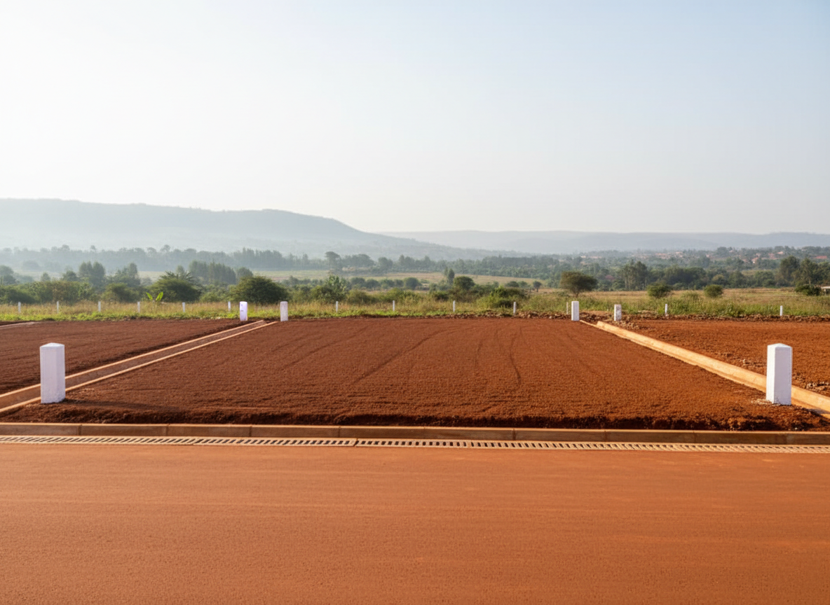 A close, eye-level photographic view of a single prime plot in Kenya, featuring flat, well-compacted red soil bordered by freshly painted white concrete boundary posts at each corner. A smooth, newly graded murram access road runs along the front, with clear drainage channels on both sides. In the distance, subtle silhouettes of low hills and scattered greenery suggest a peaceful, developing neighborhood. Soft, diffused mid-morning sunlight creates clean, minimal shadows and reveals the rich texture of the soil and road. The composition follows the rule of thirds, with the plot dominating the foreground and the horizon positioned high, conveying stability, clarity, and professionalism for an investment-focused site.
