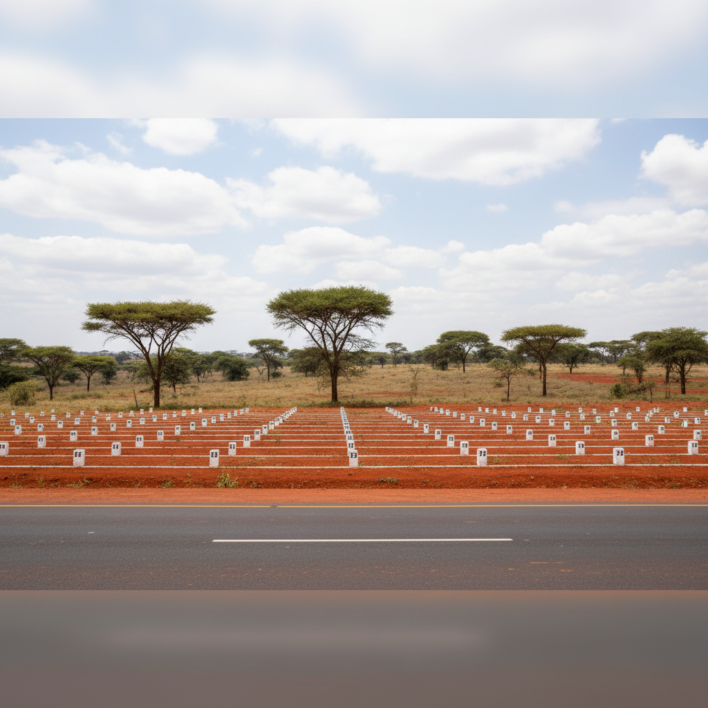 A sweeping panoramic photographic view of semi-rural Kenyan landscape designated for prime plots, showing a gentle rolling terrain with fertile red soil, occasional clusters of acacia trees, and clear frontage on a newly tarmacked road with painted lane markings. In the middle ground, evenly spaced concrete beacons mark surveyed boundaries in a grid-like pattern. The sky is bright with soft, scattered clouds, and clean midday light provides high clarity and neutral tones, making every detail of the land and infrastructure visible. Shot from a slightly elevated vantage point with deep focus throughout, the composition balances land, road, and sky, conveying strategic location, accessibility, and long-term growth potential aimed at serious diaspora investors.
