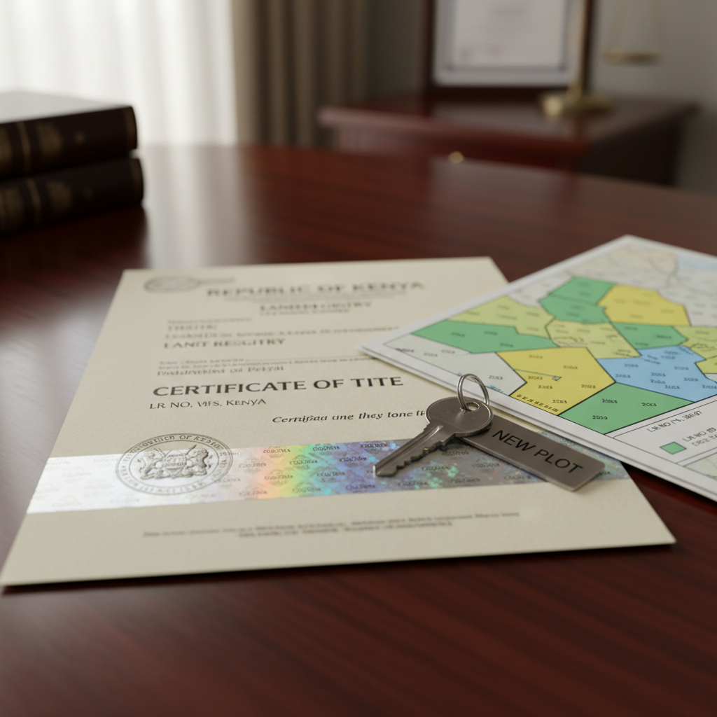 A detailed close-up photographic shot of an official Kenyan land title document placed neatly on a polished dark wooden table, with crisp, legible text, embossed seal, and holographic security features clearly visible. Beside it lies a high-quality metal key labeled with a small engraved tag reading “New Plot”, and a folded, colored cadastral map showing precisely outlined parcels with coordinates. Soft, directional window light from the left creates gentle highlights on the metallic elements and subtle shadows along the paper edges, emphasizing texture and authenticity. The background is tastefully blurred, suggesting a professional office environment. The composition uses a shallow depth of field and tight framing to convey security, verification, and the tangible reality of owning a prime plot through a trusted investment company.