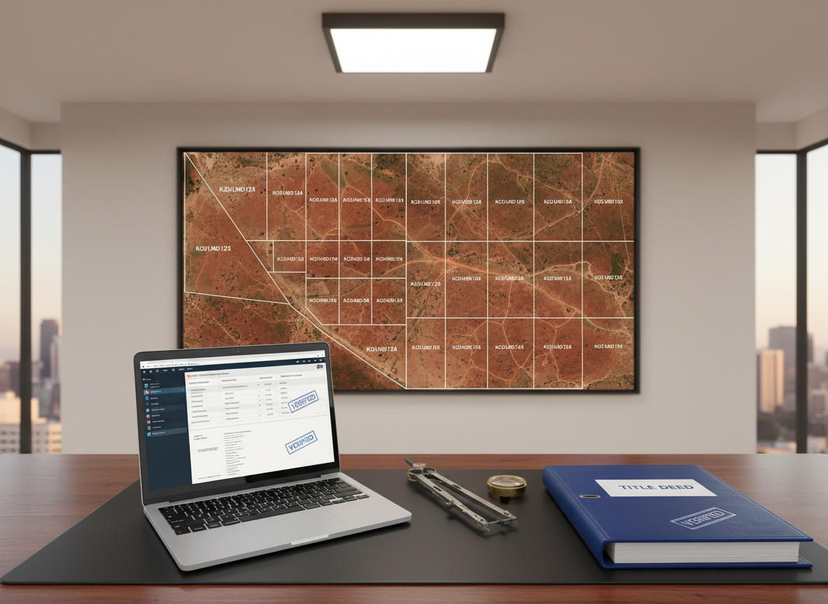 A modern, professional real estate office setup focused on Kenyan land investment, featuring a large ultra-high-resolution monitor displaying a satellite map of subdivided plots labeled with neat plot numbers and boundary lines. On the sleek dark wooden desk lies an open laptop showing a detailed plot verification report with stamps and survey coordinates, alongside a metal surveyor’s compass and a thick, neatly bound title deed folder with a clear “Verified” label. Soft, even indoor lighting from an overhead LED panel creates a clean, shadow-free environment. Shot from a slightly elevated angle with sharp focus, the photographic realism and minimal, uncluttered composition communicate trust, transparency, and meticulous due diligence for diaspora investors.