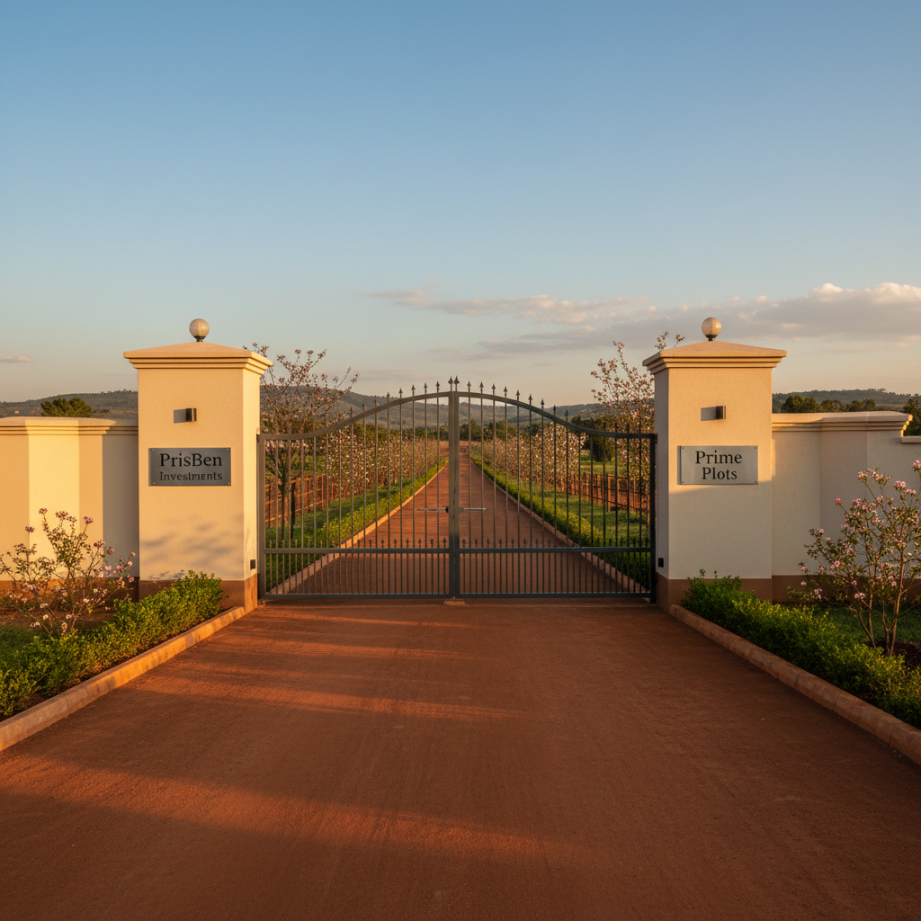 A meticulously maintained gated prime plots entrance in Kenya, featuring a sturdy, modern steel gate painted deep charcoal gray, set between smooth cream-colored masonry pillars with inset stainless-steel signage reading “PrisBen Investments – Prime Plots”. The gate opens onto a straight, well-compacted murram road flanked by small, manicured shrubs and young flowering trees lining both sides. Warm late-afternoon sunlight creates a soft golden glow on the pillars and foliage, with subtle, elongated shadows enhancing depth. The camera is positioned at eye level, slightly off-center, using a wide-angle lens to capture both the entrance detail and the glimpse of organized plots beyond. The mood is secure, welcoming, and highly professional, reinforcing a sense of legitimacy and long-term value.